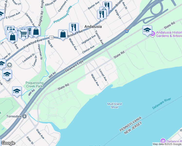 map of restaurants, bars, coffee shops, grocery stores, and more near 648 State Road in Bensalem