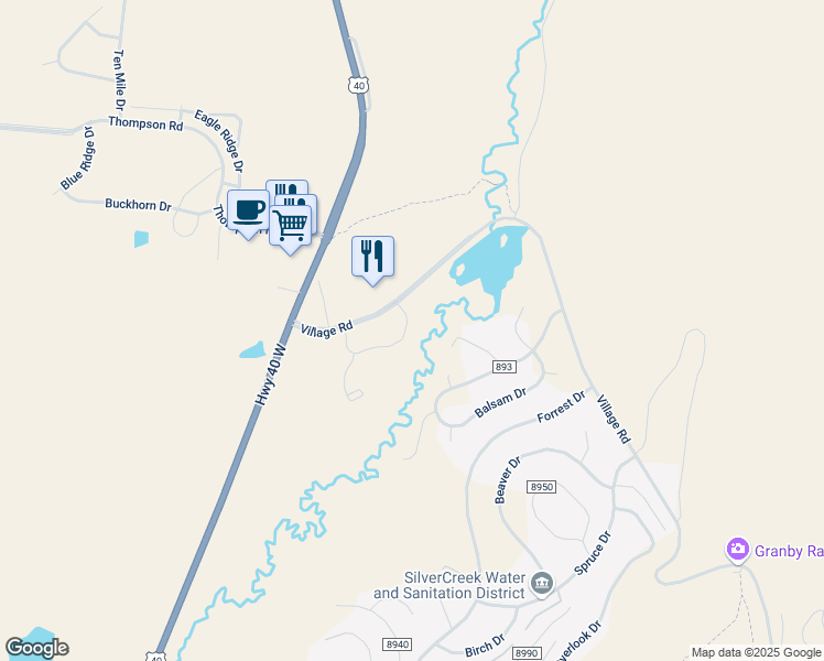 map of restaurants, bars, coffee shops, grocery stores, and more near 154 Village Road in Granby