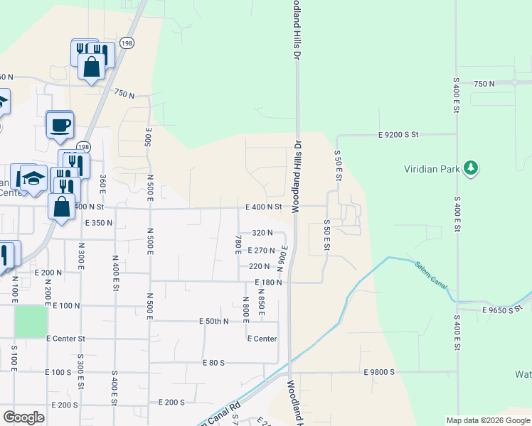 map of restaurants, bars, coffee shops, grocery stores, and more near 846 East 400 North Street in Salem