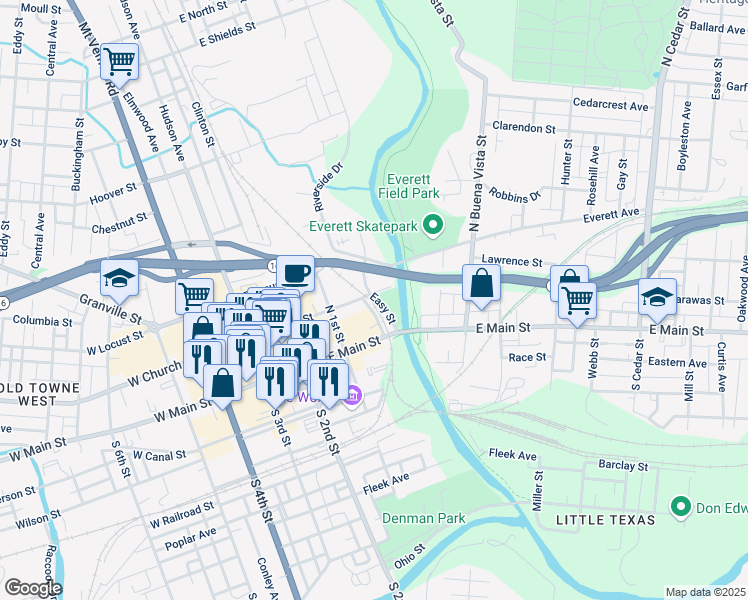 map of restaurants, bars, coffee shops, grocery stores, and more near 125 East Church Street in Newark
