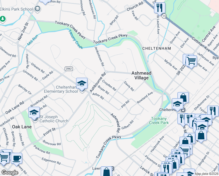 map of restaurants, bars, coffee shops, grocery stores, and more near 628 Croyden Road in Montgomery County
