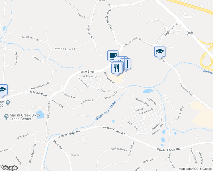 map of restaurants, bars, coffee shops, grocery stores, and more near 580 Perimeter Drive in Downingtown