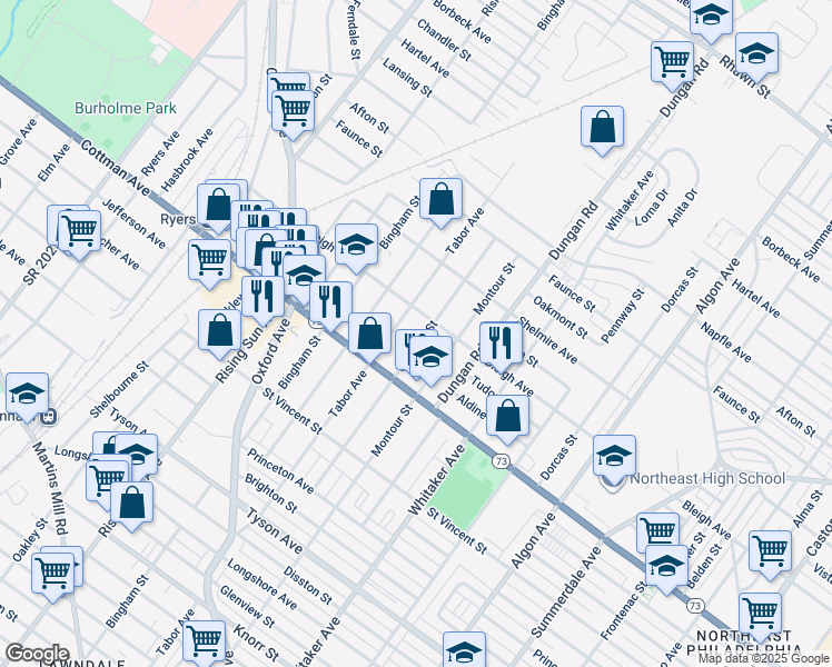 map of restaurants, bars, coffee shops, grocery stores, and more near 7350 Claridge Street in Philadelphia