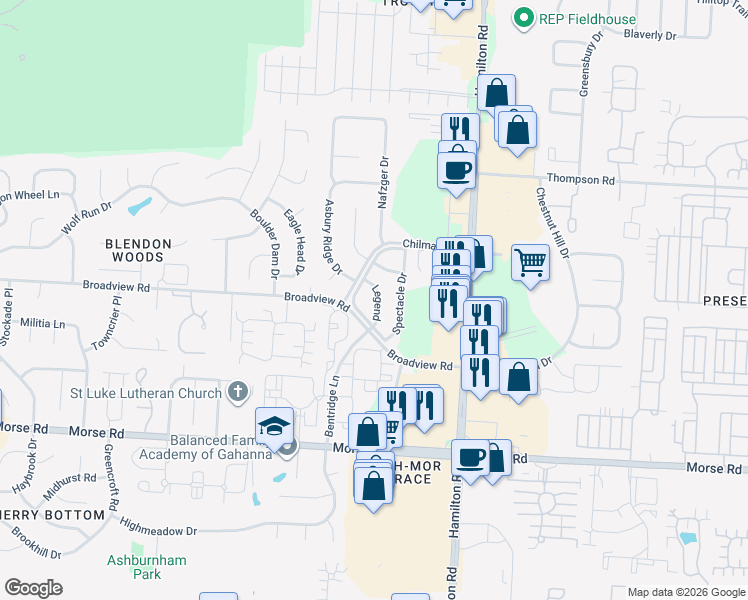 map of restaurants, bars, coffee shops, grocery stores, and more near 4011 Legend in Columbus