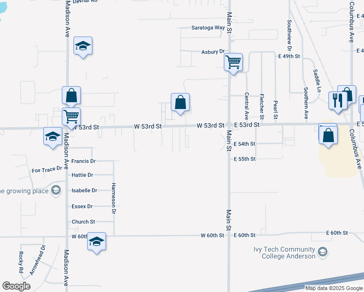 map of restaurants, bars, coffee shops, grocery stores, and more near 5416 Lewis Drive in Anderson