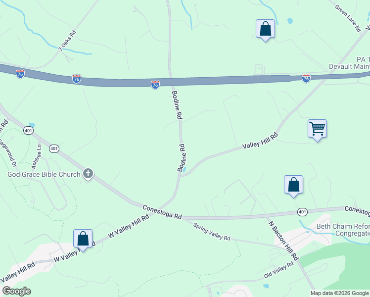 map of restaurants, bars, coffee shops, grocery stores, and more near 2081 Bodine Road in Malvern