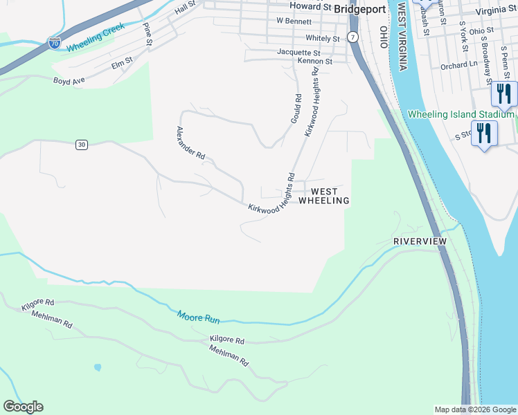map of restaurants, bars, coffee shops, grocery stores, and more near 67656 Kirkwood Heights Road in Bridgeport