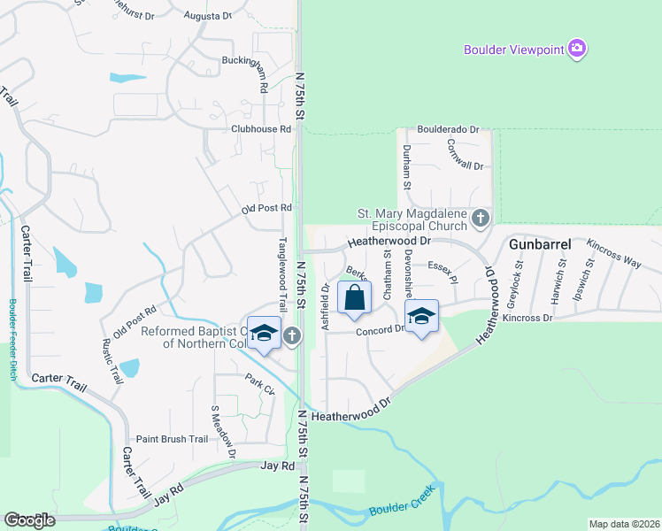 map of restaurants, bars, coffee shops, grocery stores, and more near 4716 Ashfield Court in Boulder