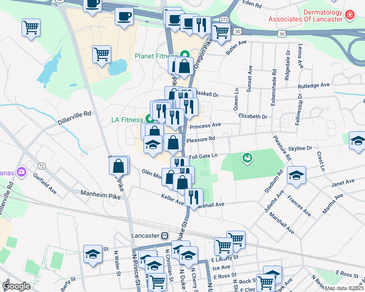 map of restaurants, bars, coffee shops, grocery stores, and more near 1296 Lititz Pike in Lancaster