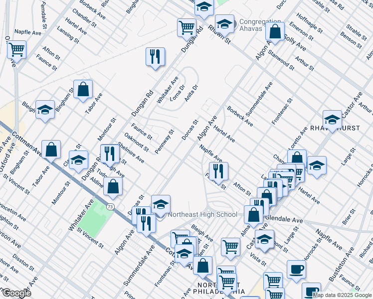 map of restaurants, bars, coffee shops, grocery stores, and more near 7614 Algon Avenue in Philadelphia