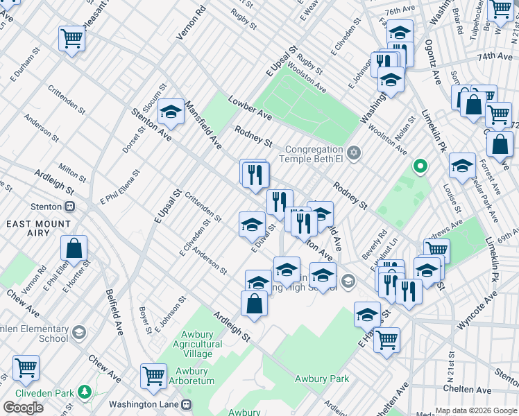 map of restaurants, bars, coffee shops, grocery stores, and more near 1300 East Johnson Street in Philadelphia