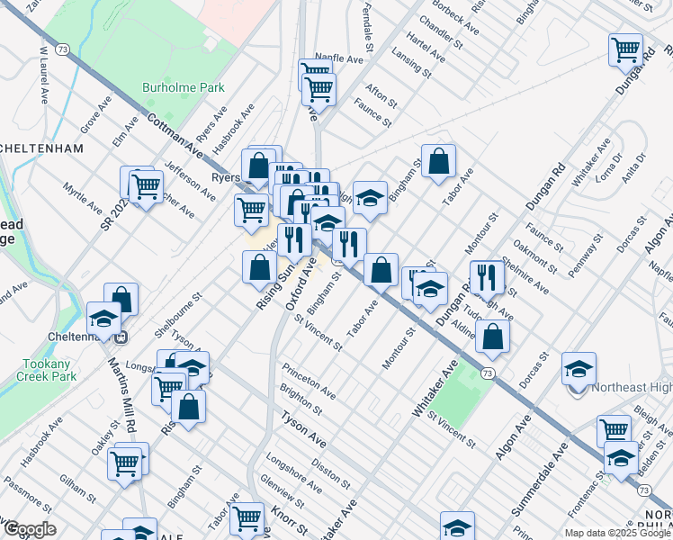 map of restaurants, bars, coffee shops, grocery stores, and more near 1024 Cottman Avenue in Philadelphia