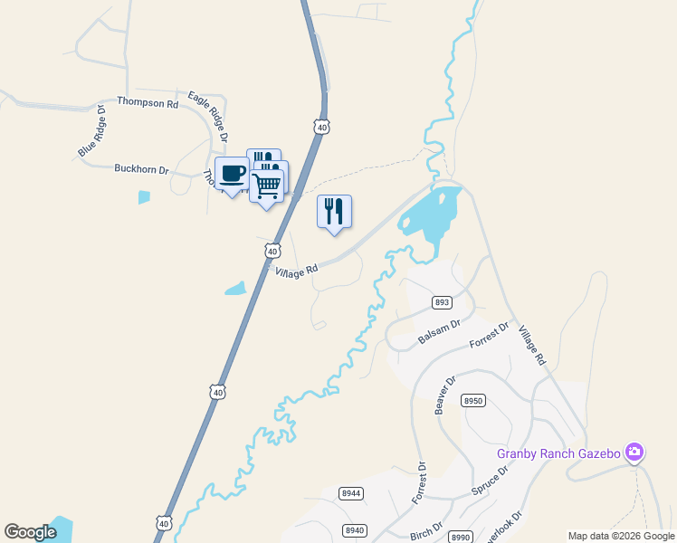 map of restaurants, bars, coffee shops, grocery stores, and more near 150 Village Road in Granby
