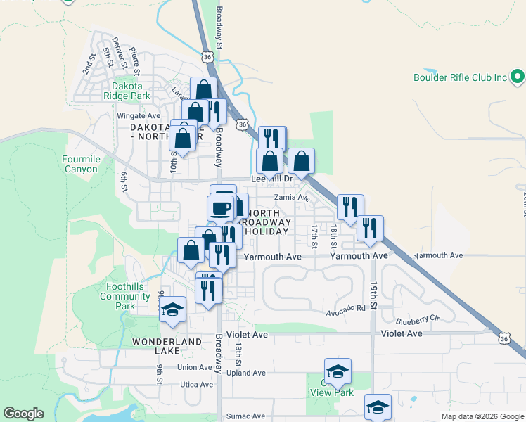 map of restaurants, bars, coffee shops, grocery stores, and more near 4730 Holiday Drive in Boulder