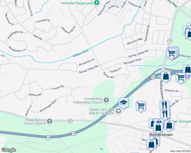 map of restaurants, bars, coffee shops, grocery stores, and more near 625 Springton Way in Lancaster