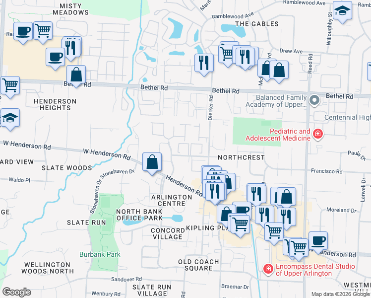 map of restaurants, bars, coffee shops, grocery stores, and more near 2190 Country Corner Drive in Columbus