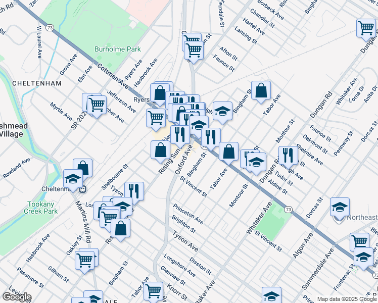 map of restaurants, bars, coffee shops, grocery stores, and more near 7245 Oxford Avenue in Philadelphia
