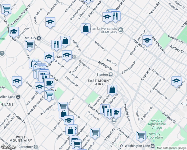 map of restaurants, bars, coffee shops, grocery stores, and more near 368 East Gorgas Lane in Philadelphia