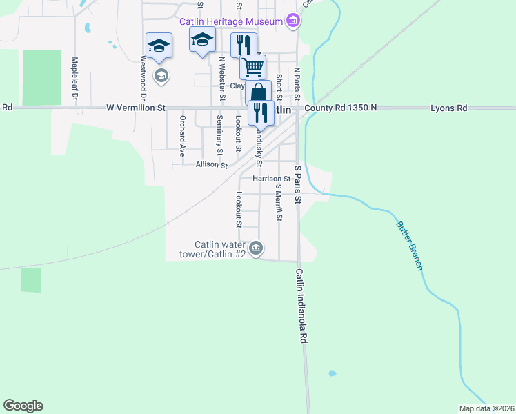 map of restaurants, bars, coffee shops, grocery stores, and more near 101 Prairie Street in Catlin