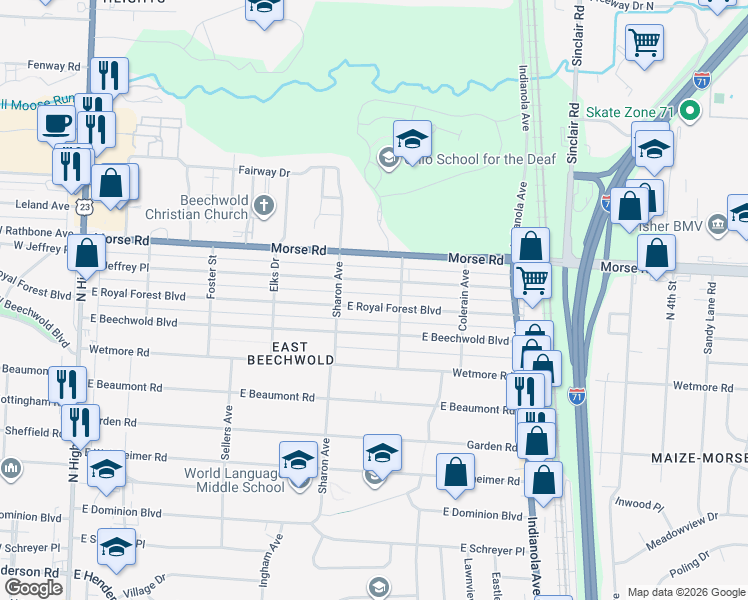 map of restaurants, bars, coffee shops, grocery stores, and more near 464 E Royal Forest Blvd in Columbus