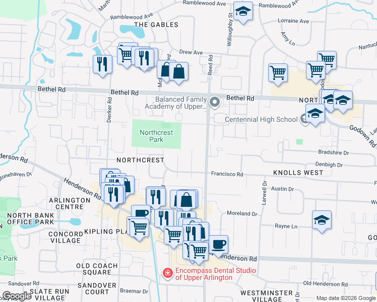 map of restaurants, bars, coffee shops, grocery stores, and more near 5069 Jamestown Road in Columbus