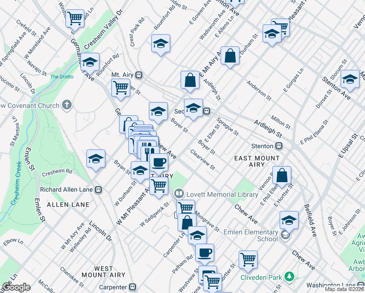 map of restaurants, bars, coffee shops, grocery stores, and more near 123 East Mount Pleasant Avenue in Philadelphia