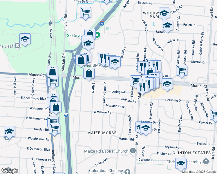 map of restaurants, bars, coffee shops, grocery stores, and more near 1028 Loring Road in Columbus