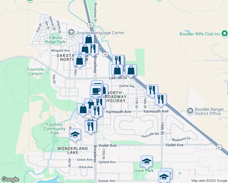 map of restaurants, bars, coffee shops, grocery stores, and more near in Boulder