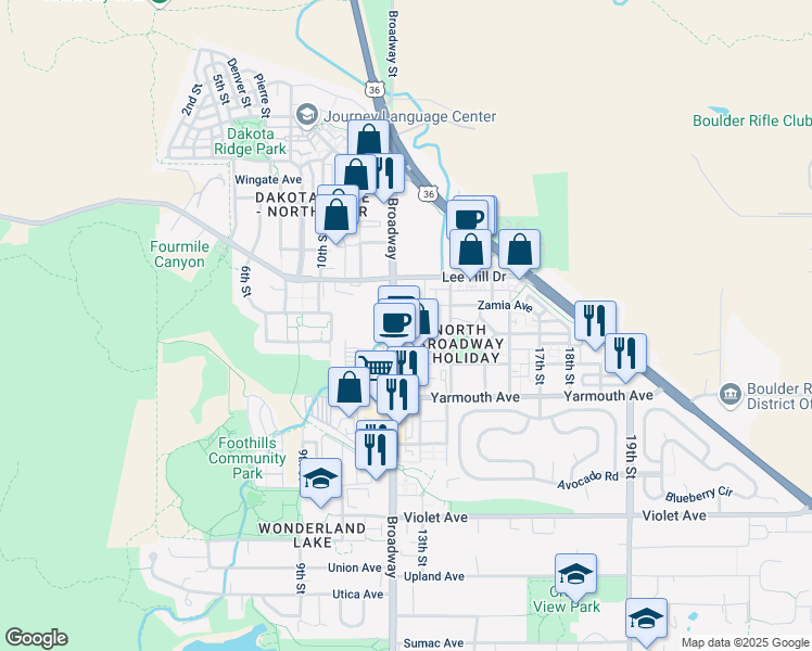 map of restaurants, bars, coffee shops, grocery stores, and more near 4730 Broadway in Boulder