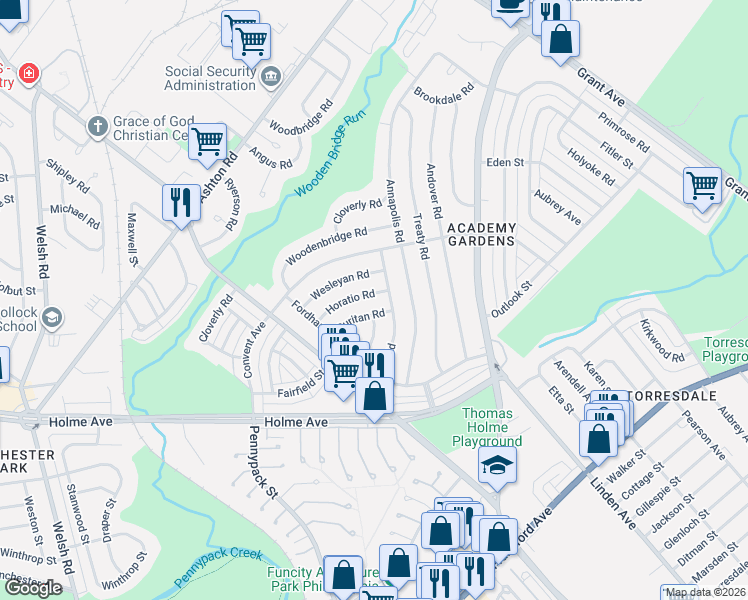 map of restaurants, bars, coffee shops, grocery stores, and more near 9233 Horatio Road in Philadelphia