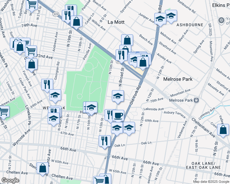 map of restaurants, bars, coffee shops, grocery stores, and more near 7017 North 15th Street in Philadelphia