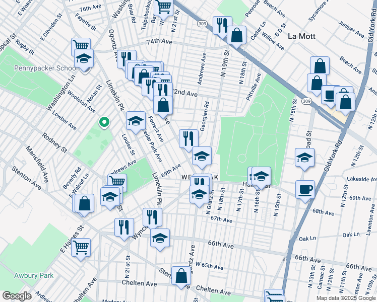 map of restaurants, bars, coffee shops, grocery stores, and more near 6917 Ogontz Avenue in Philadelphia