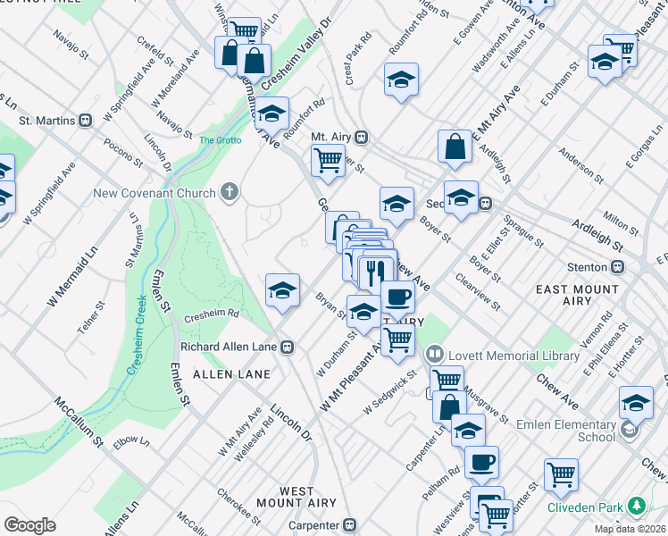 map of restaurants, bars, coffee shops, grocery stores, and more near 7226-34 Germantown Avenue in Philadelphia