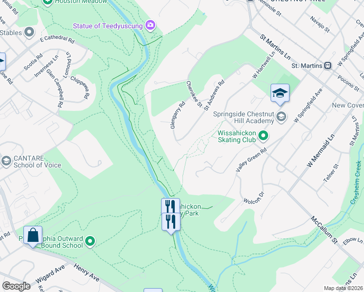 map of restaurants, bars, coffee shops, grocery stores, and more near 732 Saint Andrews Road in Philadelphia