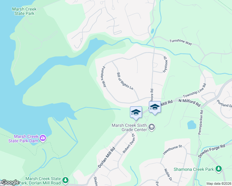 map of restaurants, bars, coffee shops, grocery stores, and more near 26 Founders Way in Downingtown