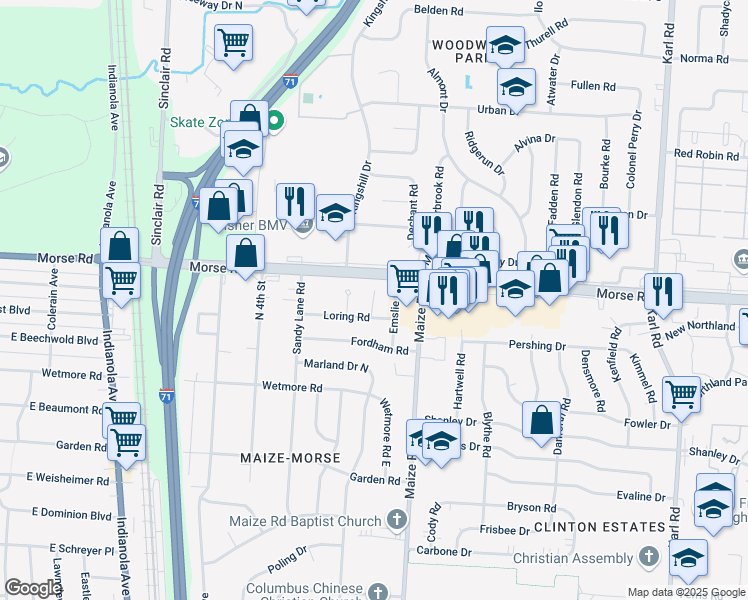 map of restaurants, bars, coffee shops, grocery stores, and more near 1128 Loring Road in Columbus