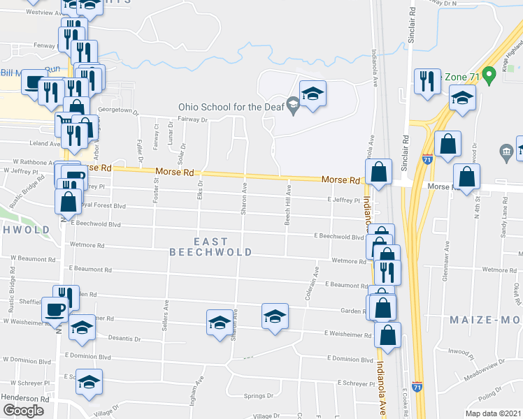 map of restaurants, bars, coffee shops, grocery stores, and more near 464 East Royal Forest Boulevard in Columbus