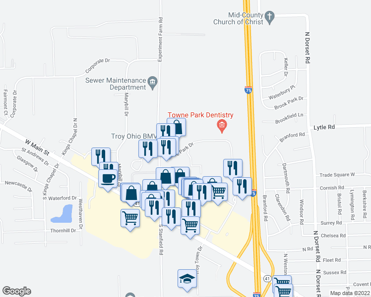 map of restaurants, bars, coffee shops, grocery stores, and more near 1850 Towne Park Drive in Troy