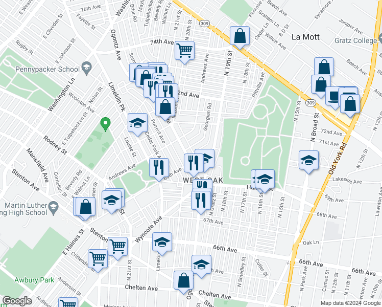map of restaurants, bars, coffee shops, grocery stores, and more near 6917 Ogontz Avenue in Philadelphia