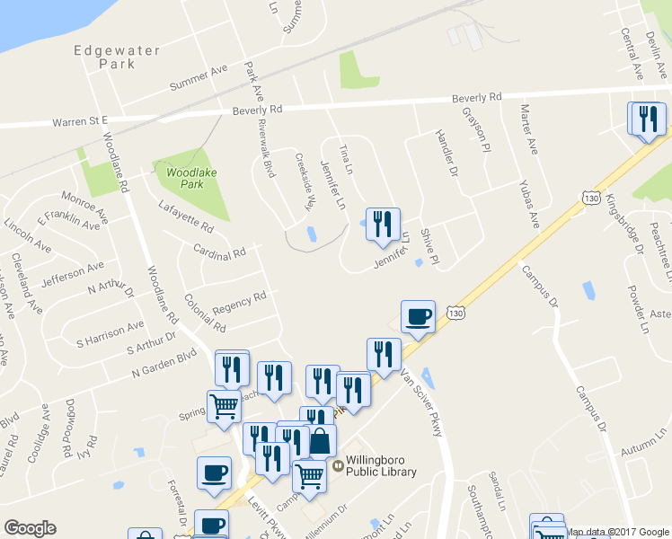 map of restaurants, bars, coffee shops, grocery stores, and more near 69 Jennifer Lane in Burlington