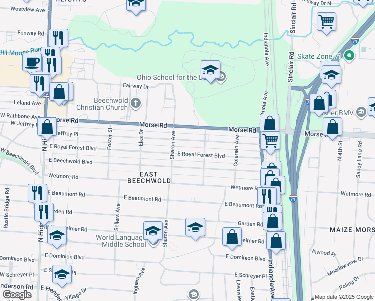 map of restaurants, bars, coffee shops, grocery stores, and more near 452 East Royal Forest Boulevard in Columbus