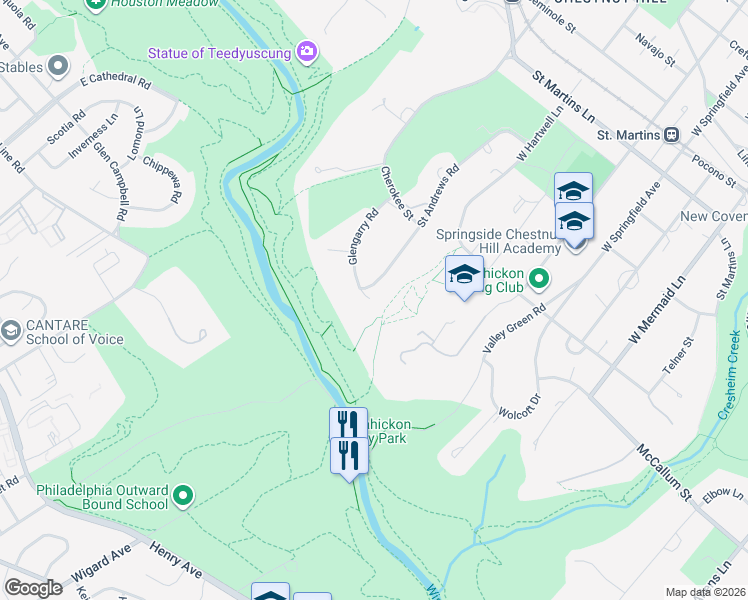 map of restaurants, bars, coffee shops, grocery stores, and more near 732 Saint Andrews Road in Philadelphia