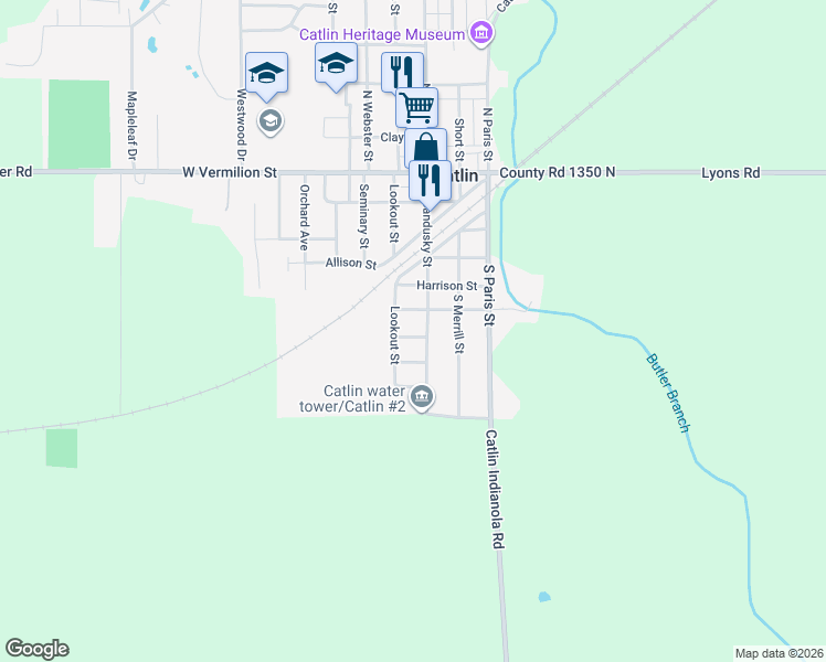 map of restaurants, bars, coffee shops, grocery stores, and more near 101-111 Prairie Street in Catlin