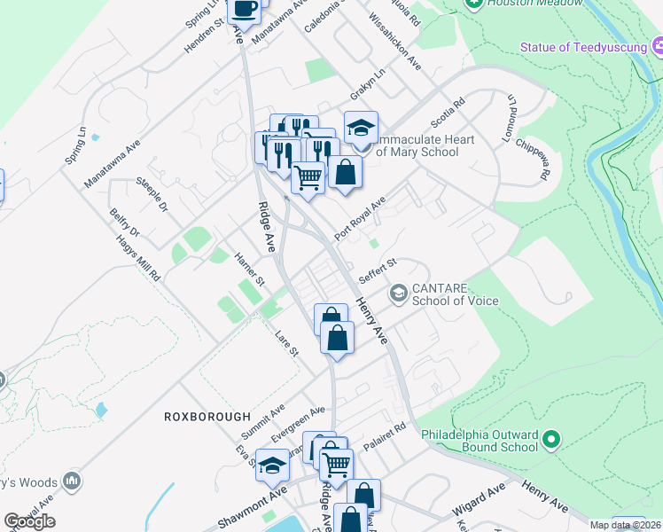 map of restaurants, bars, coffee shops, grocery stores, and more near 8201 Henry Avenue in Philadelphia