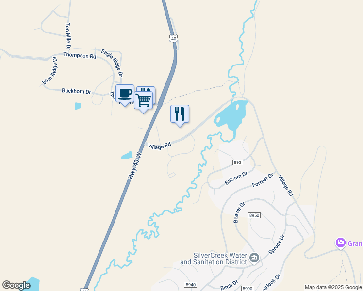 map of restaurants, bars, coffee shops, grocery stores, and more near 150 Village Road in Granby