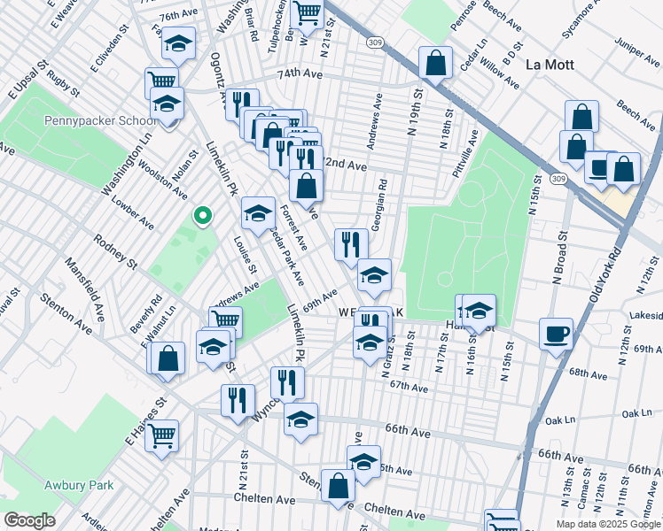 map of restaurants, bars, coffee shops, grocery stores, and more near 6934 Ogontz Avenue in Philadelphia