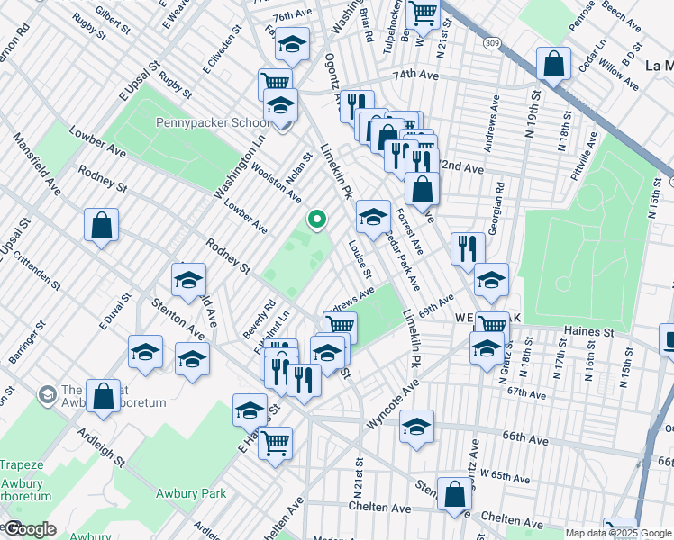 map of restaurants, bars, coffee shops, grocery stores, and more near 7100 Woolston Avenue in Philadelphia