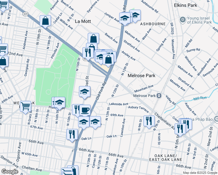 map of restaurants, bars, coffee shops, grocery stores, and more near 7039R Old York Road in Philadelphia