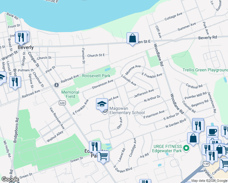 map of restaurants, bars, coffee shops, grocery stores, and more near 210 East Franklin Avenue in Beverly