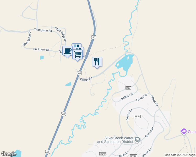 map of restaurants, bars, coffee shops, grocery stores, and more near 150 Village Road in Granby